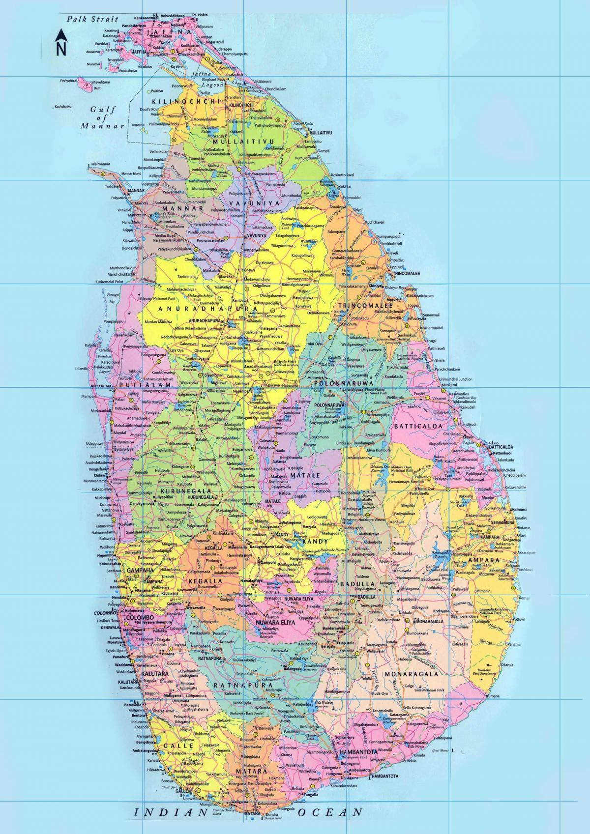 detalizēta karte Šrilankas ar ceļiem