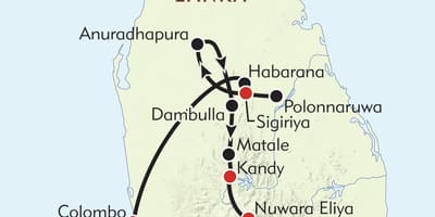 Karte Šrilanka maršrutu